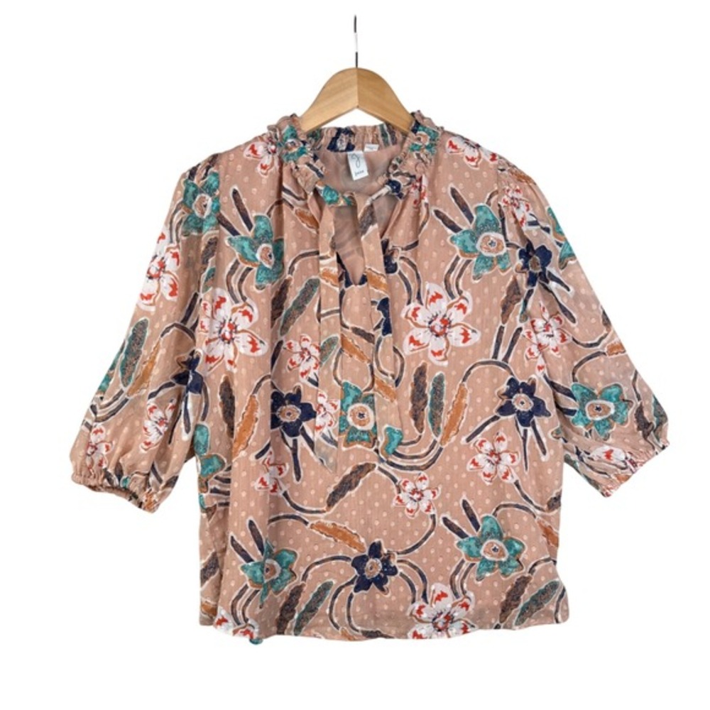 Joie Floral Print Swiss Dot Tie Neck Blouse size Large‎ Peach/Green